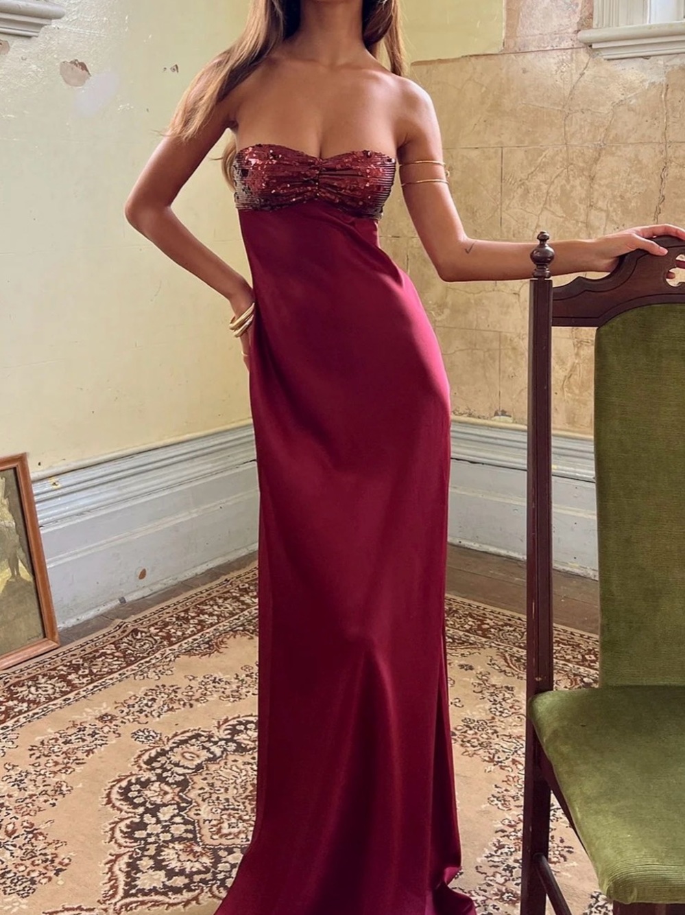 Strapless Sequin Bodice Burgundy Evening Gown